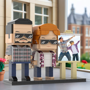 Full Body Customizable 2 People Daddy And His Son Have a Pose Towards Sun Photo Frame Personalized Custom Brick Figures Small Particle Block Toy Personalized For Father's Day - MadeMineUK