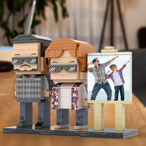 Full Body Customizable 2 People Daddy And His Son Have a Pose Towards Sun Photo Frame Personalized Custom Brick Figures Small Particle Block Toy Personalized For Father's Day - MadeMineUK