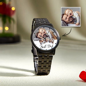 Men's Black Alloy Bracelet Personalized Engraved Photo Watch Father's Day Gift For Father - MadeMineUK