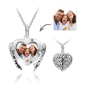 Engravable Photo Locket Necklace Personalized Heart Angel Wings Sterling Silver Gift For Mom - MadeMineUK