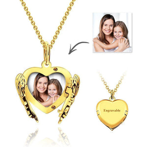 Engravable Photo Locket Necklace Personalized Heart Angel Wings Sterling Silver Gift For Mom - MadeMineUK