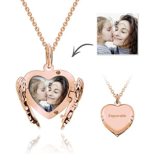 Engravable Photo Locket Necklace Personalized Heart Angel Wings Sterling Silver Gift For Mom - MadeMineUK