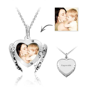 Engravable Photo Locket Necklace Personalized Heart Angel Wings Sterling Silver Gift For Mom - MadeMineUK