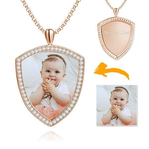 Women's Personalized Photo Engraved Necklace, Rhinestone Crystal Shield Shape Photo Necklace Rose Gold Plated - Colorful - MadeMineUK