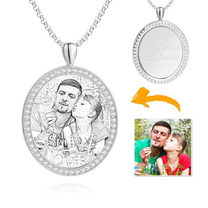 Women's Personalized Photo Engraved Necklace, Rhinestone Crystal Oval Shape Photo Necklace Platinum Plated Silver - Sketch - MadeMineUK