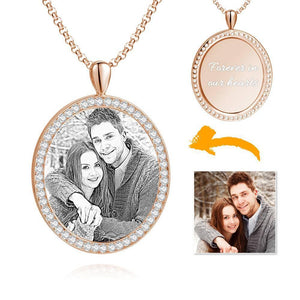 Women's Personalized Photo Engraved Necklace, Rhinestone Crystal Oval Shape Photo Necklace Platinum Plated Silver - Sketch - MadeMineUK