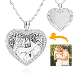 Women's Personalized Photo Engraved Necklace, Rhinestone Crystal Heart Shape Photo Necklace Platinum Plated Silver - Sketch - MadeMineUK