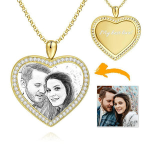 Women's Personalized Photo Engraved Necklace, Rhinestone Crystal Heart Shape Photo Necklace Platinum Plated Silver - Sketch - MadeMineUK