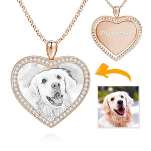 Women's Personalized Photo Engraved Necklace, Rhinestone Crystal Heart Shape Photo Necklace Platinum Plated Silver - Sketch - MadeMineUK