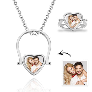 Photo Necklace, Photo Ring Heart-shaped Couple's Gifts Dual-use (Ring Size 5#) Silver - MadeMineUK