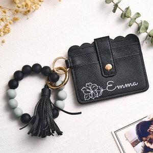 Personalized Birth Flower Leather Wallet with Beaded Bracelet Wallet Gift for Her - MadeMineUK