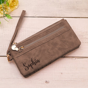 Personalized Leather Wallet with Wristlet Custom Text Wallet Birthday Bridesmaid Gift for Her - MadeMineUK