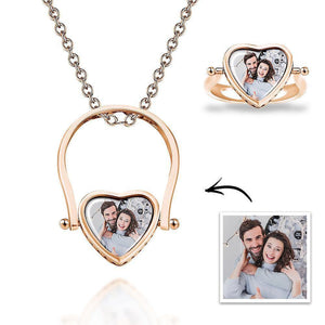 Photo Necklace, Photo Ring Heart-shaped Couple's Gifts Dual-use (Ring Size 5#) Silver - MadeMineUK