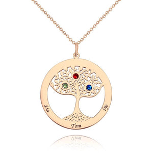 Family Tree Necklace with Birthstone, Engraved Necklace Family Gift Rose Gold Plated - Silver - MadeMineUK