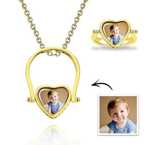 Photo Necklace, Photo Ring Heart-shaped Couple's Gifts Dual-use (Ring Size 5#) Silver - MadeMineUK