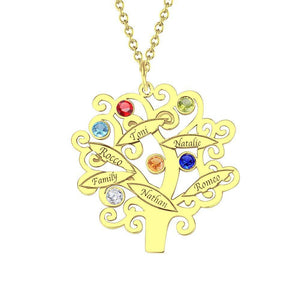 Family Tree Necklace, Engraved Necklace with Six Birthstones Rose Gold Plated - MadeMineUK