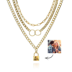 Triple Chain Set Personalized Photo Necklace with Lock - MadeMineUK