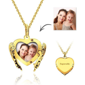 Engravable Photo Locket Necklace Personalized Heart Angel Wings Sterling Silver Gift For Mom - MadeMineUK