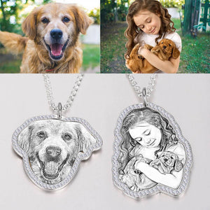 Photo Engraved Necklace, Rhinestone Crystal Cute Necklace Platinum Plated Silver - Sketch - MadeMineUK