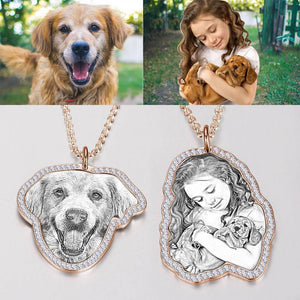 Photo Engraved Necklace, Rhinestone Crystal Cute Necklace Platinum Plated Silver - Sketch - MadeMineUK