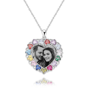 Photo Engraved Necklace Rhinestone Crystal Colorful, Heart-shaped Photo Necklace Best Gift Platinum Plated Silver - Photocopying - MadeMineUK