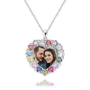 Photo Engraved Necklace Rhinestone Crystal Colorful, Heart-shaped Photo Necklace Keepsake Gift Platinum Plated Silver - Colorful - MadeMineUK