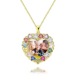 Photo Engraved Necklace Rhinestone Crystal Colorful, Heart-shaped Photo Necklace Keepsake Gift Platinum Plated Silver - Colorful - MadeMineUK