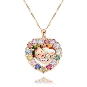 Photo Engraved Necklace Rhinestone Crystal Colorful, Heart-shaped Photo Necklace Keepsake Gift Platinum Plated Silver - Colorful - MadeMineUK