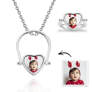 Photo Necklace, Photo Ring Heart-shaped Couple's Gifts Dual-use (Ring Size 5#) Silver - MadeMineUK