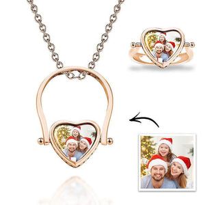 Photo Necklace, Photo Ring Heart-shaped Couple's Gifts Dual-use (Ring Size 5#) Silver - MadeMineUK