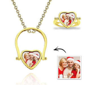 Photo Necklace, Photo Ring Heart-shaped Couple's Gifts Dual-use (Ring Size 5#) Silver - MadeMineUK