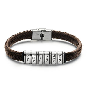 Personalized Bracelet for Men, Custom Gift for Dad Kids Name Bracelet Brown Leather 1-6 Charms - MadeMineUK