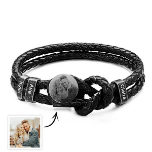 Mens Retro Leather Photo Bracelet with 2-5 Names Custom Family Name Photo Gifts for Dad Fathers Day Gifts - MadeMineUK