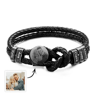 Mens Retro Leather Photo Bracelet with 2-5 Names Custom Family Name Photo Gifts for Dad Fathers Day Gifts - MadeMineUK