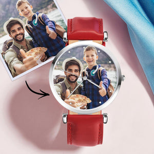 Custom Photo Watch Personalized Engraved Watch Red Strap Birthday Gift For Family For Husband - MadeMineUK