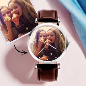 Custom Photo Watch Personalized Engraved Watch Brown Strap Birthday Gift For Father For Husband - MadeMineUK