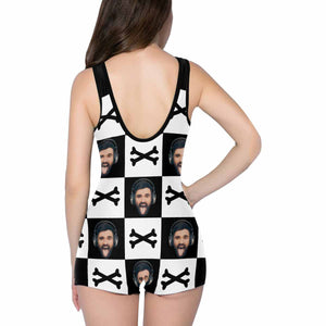 Custom Face Crossbones Black and White Women's One Piece Boyleg Swimsuit