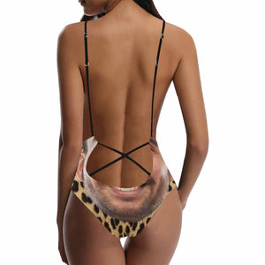 Custom Funny Face Leopard Print Women's Lacing Backless One Piece Sexy Swimsuit