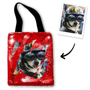 Custom Pet Photo Sequin Tote Bag