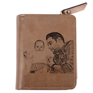 Men's Short Style Custom Inscription Photo Engraved Wallet - Brown Leather