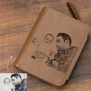 Men's Short Style Custom Inscription Photo Engraved Wallet - Brown Leather