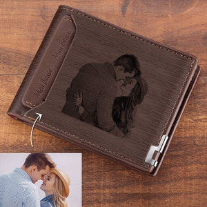 Custom Photo Engraved Wallet Short Style Bifold, Gift For Him - Coffee Leather