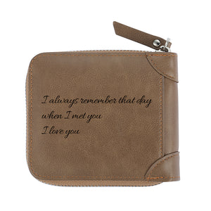 Custom Inscription Photo Engraved Wallet With Zipper, Short Style - Brown Leather