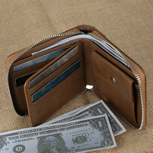 Custom Inscription Photo Engraved Wallet With Zipper, Short Style - Brown Leather