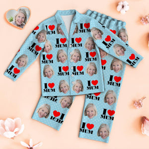 Custom Face Pajamas I Love Mum personalised Photo Blue Pajamas Set Mother's Day Gifts