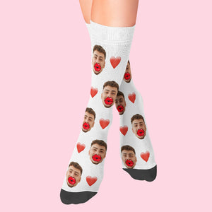 Custom Face Socks Heart and Red Lips Socks Valentine's Day Gift