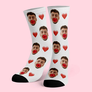 Custom Face Socks Heart and Red Lips Socks Valentine's Day Gift