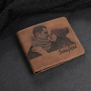 Men's Bifold Custom Inscription Photo Engraved Wallet - Brown Leather