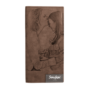 Long Style Bifold Custom Inscription Photo Engraved Wallet - Brown Leather