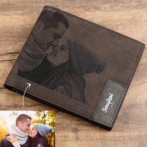 Men's Bifold Custom Inscription Photo Engraved Wallet - Coffee Leather